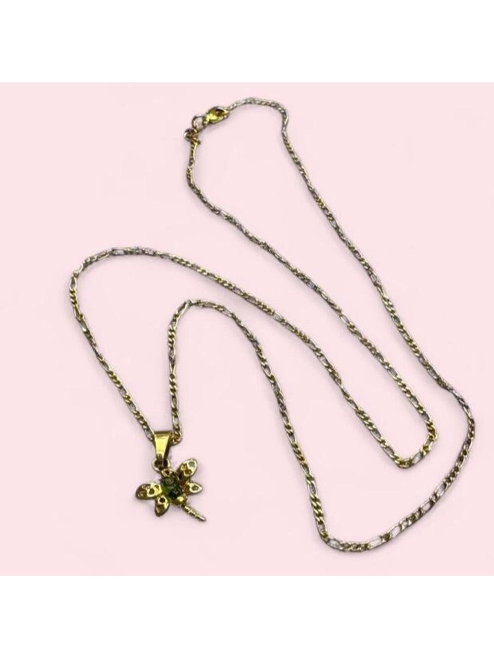 Gold filled dragonfly charm and figaro necklace with green center gem fairycore